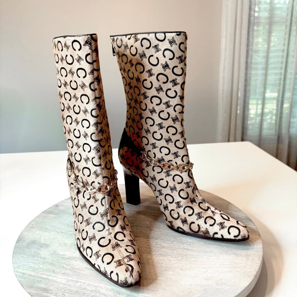 Celine Vintage Triomphe Chain Calf Hair Monogram Boots EU 40 Pointed Toe US 9.5